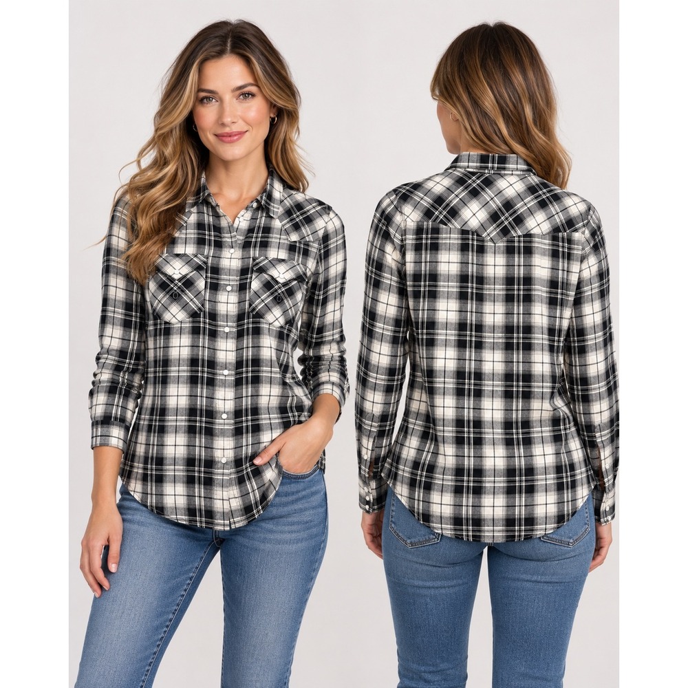 Lauren Ralph Lauren Womens Black White Plaid Western Snap Button Shirt Medium
